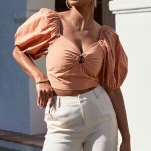 Abercrombie O-Ring Puff Sleeve Sweetheart Neck Smocked Cropped Blouse Top XS